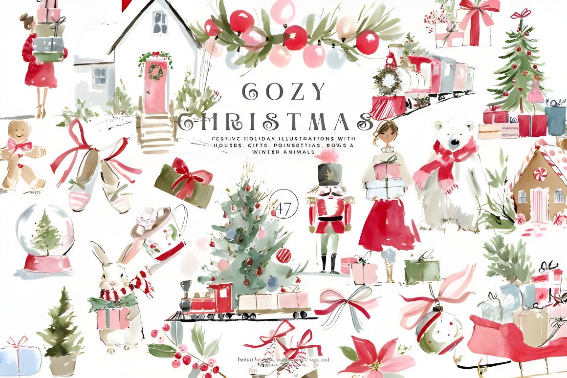 Cozy Christmas Watercolor Clipart: Holiday PNG, Nutcracker, Winter Animals